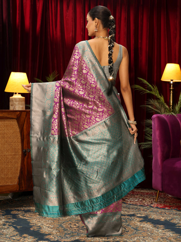 Libas Purple and Green Floral Woven Design Silk Blend Saree