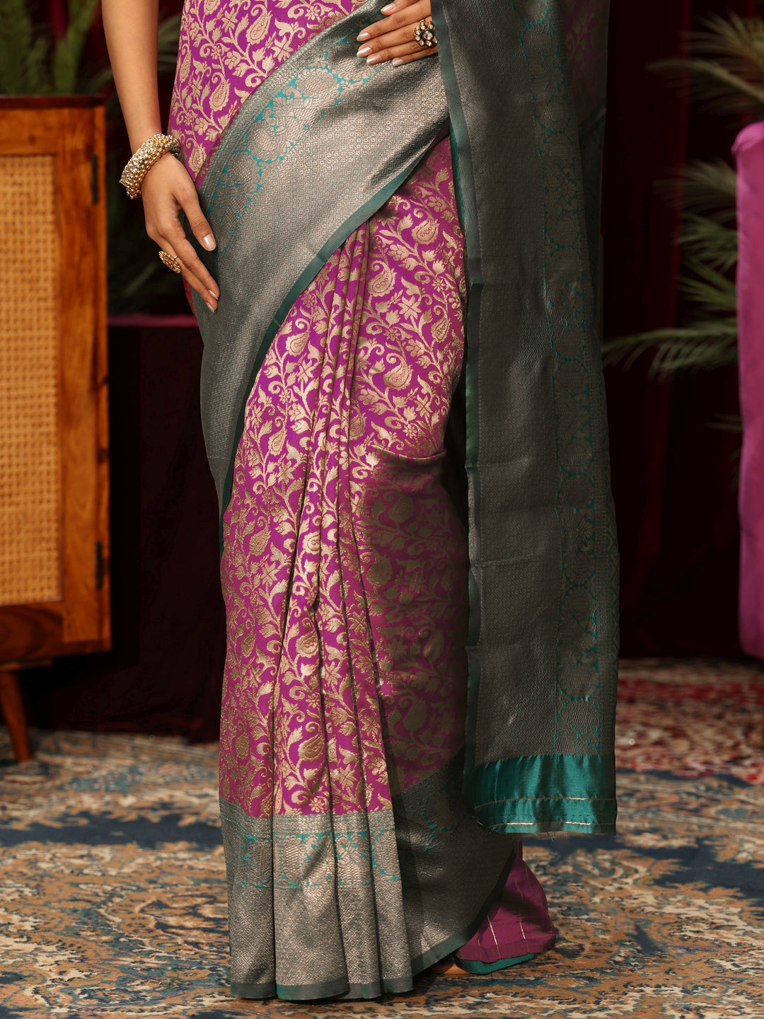 Libas Purple and Green Floral Woven Design Silk Blend Saree