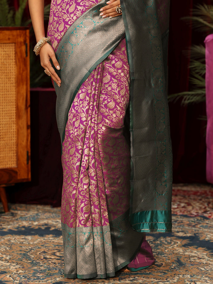 Libas Purple and Green Floral Woven Design Silk Blend Saree