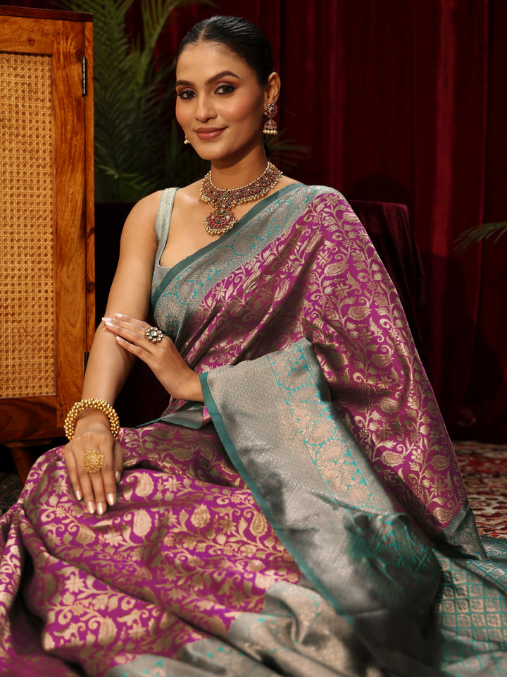 Libas Purple and Green Floral Woven Design Silk Blend Saree