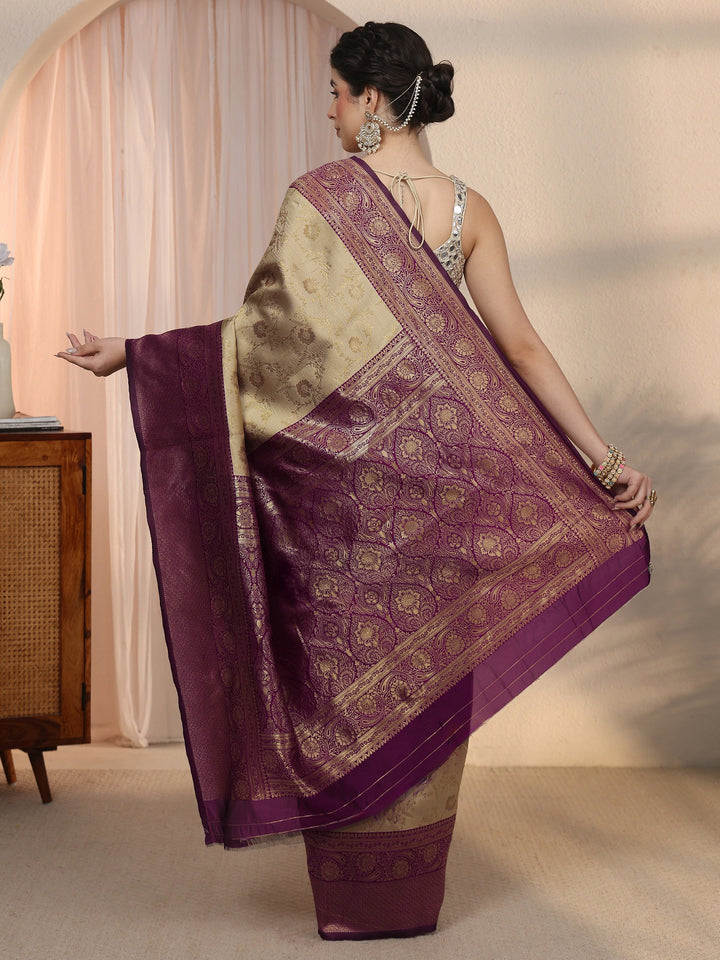 Libas Beige Floral Woven Design Silk Blend Saree