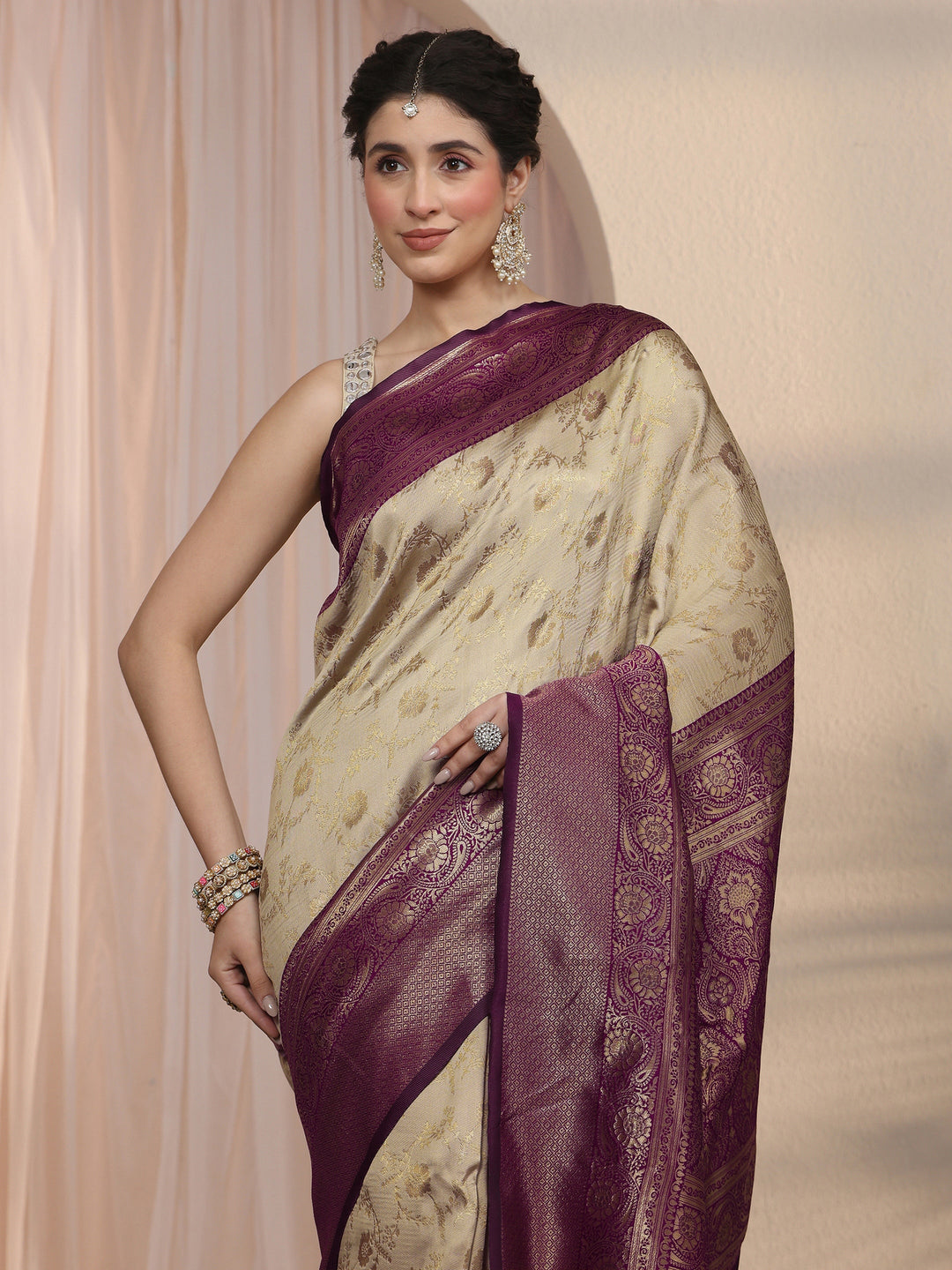 Libas Beige Floral Woven Design Silk Blend Saree