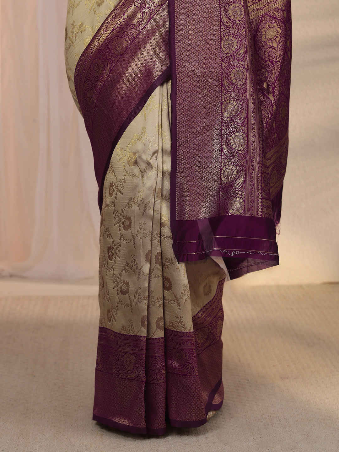 Libas Beige Floral Woven Design Silk Blend Saree