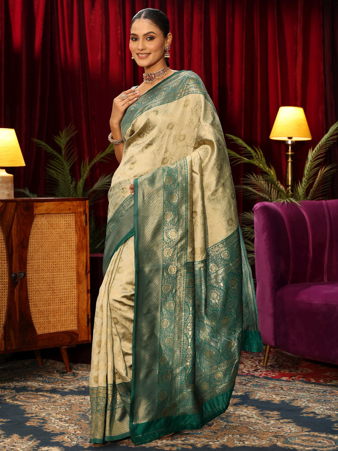 Libas Beige and Green Floral Woven Design Silk Blend Saree