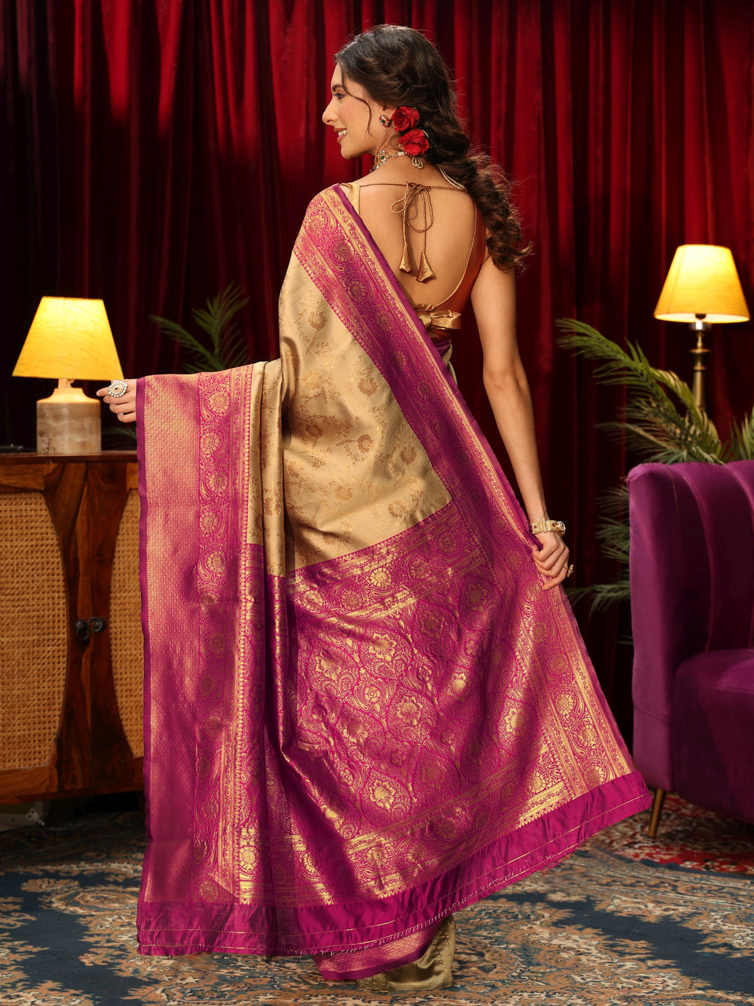 Libas Beige and Pink Floral Woven Design Silk Blend Saree