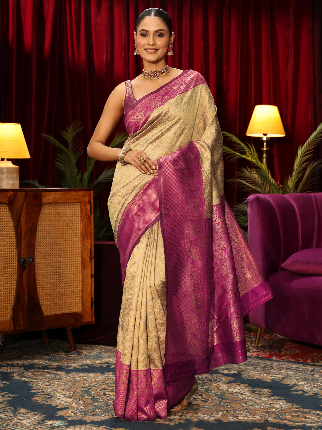 Libas Beige Floral Woven Design Silk Blend Saree