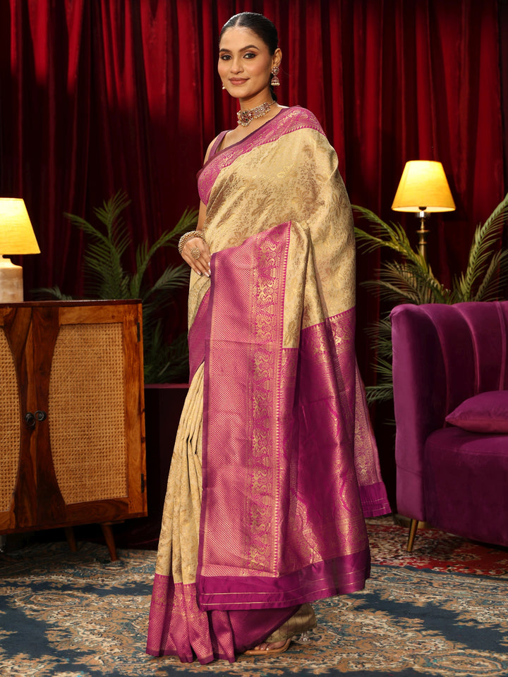 Libas Beige Floral Woven Design Silk Blend Saree