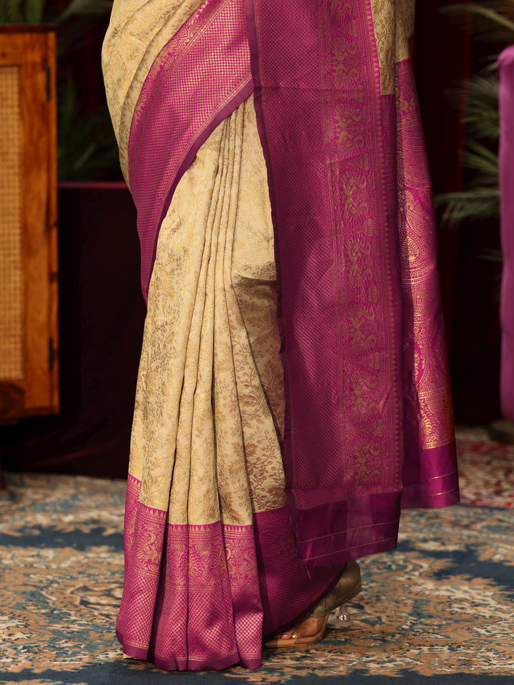 Libas Beige Floral Woven Design Silk Blend Saree