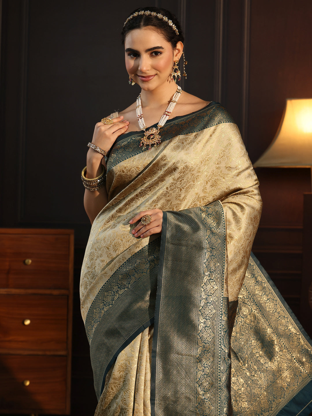 Libas Beige and Teal Banarasi Silk Blend Saree