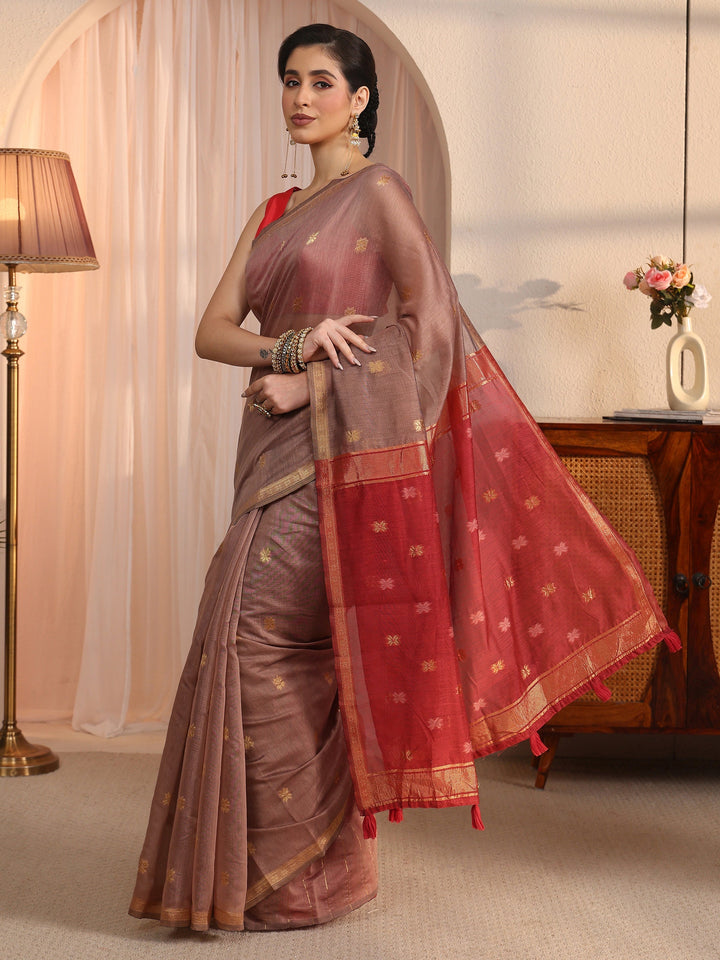 Libas Mauve and Red Woven Design Cotton Blend Tassel Saree