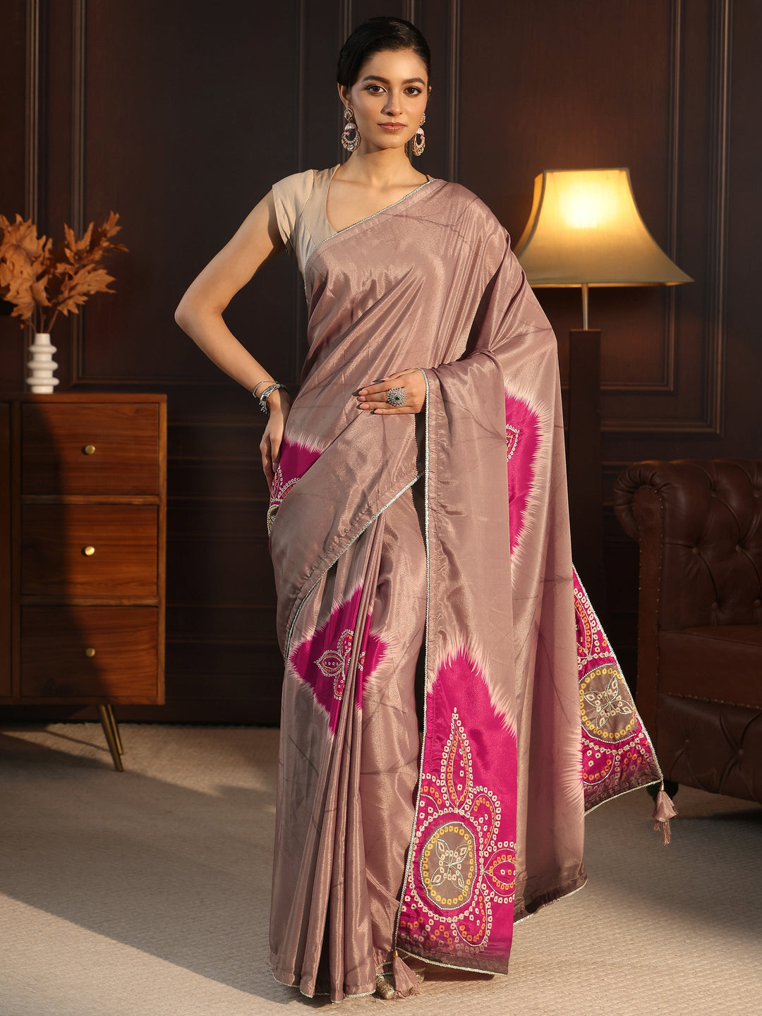 Libas Brown Bandhani Printed Pallu Silk Blend Saree