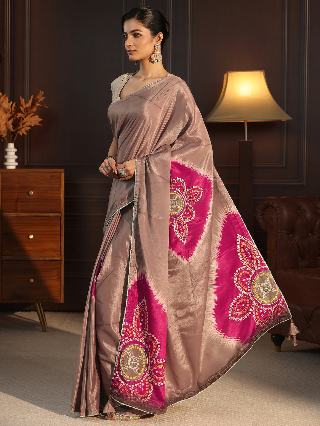 Libas Brown Bandhani Printed Pallu Silk Blend Saree