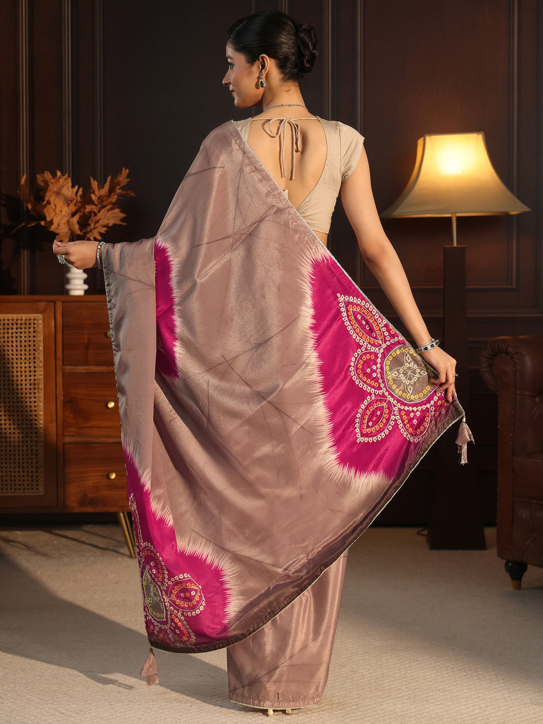 Libas Brown Bandhani Printed Pallu Silk Blend Saree