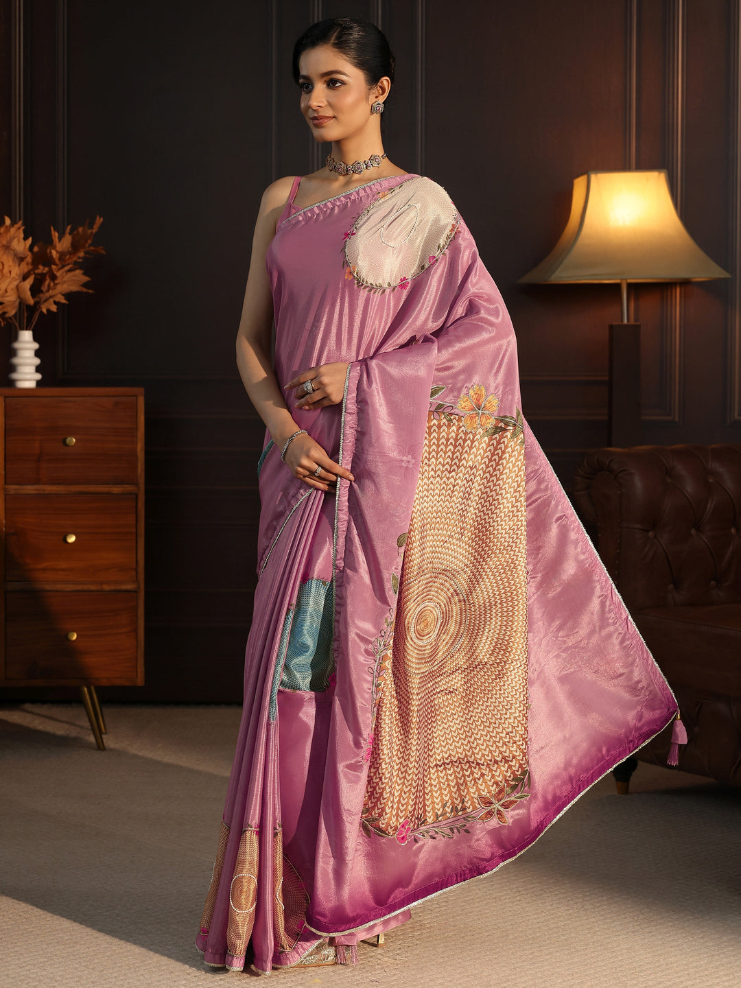 Libas Lilac Floral Printed Silk Blend Saree