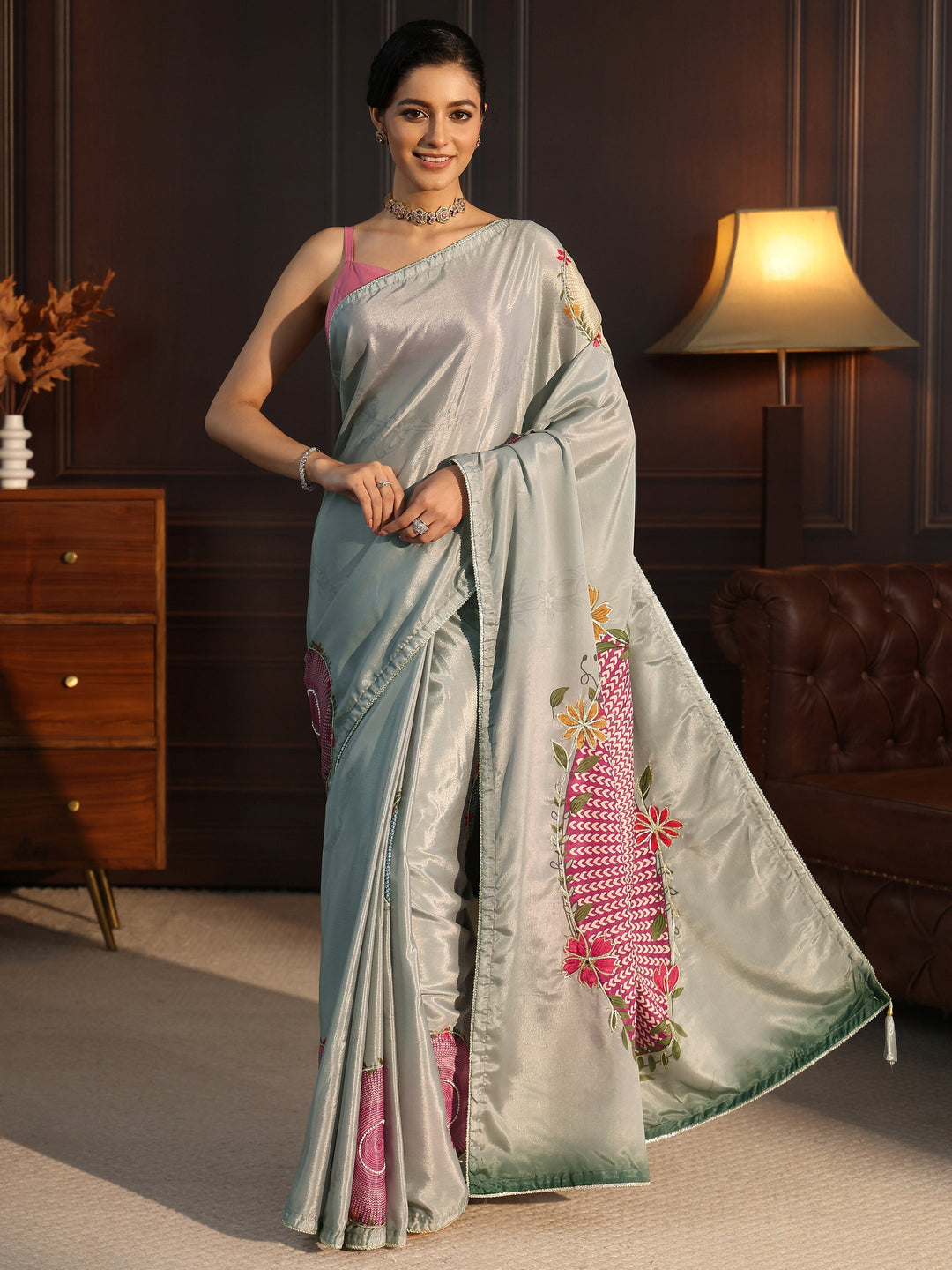 Libas Dusty Green Floral Printed Silk Blend Saree