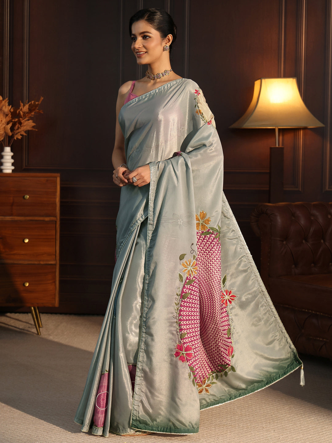 Libas Dusty Green Floral Printed Silk Blend Saree