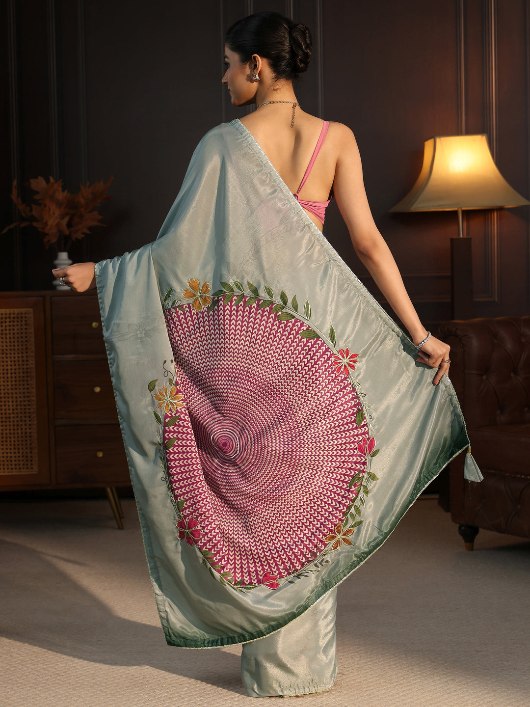 Libas Dusty Green Floral Printed Silk Blend Saree