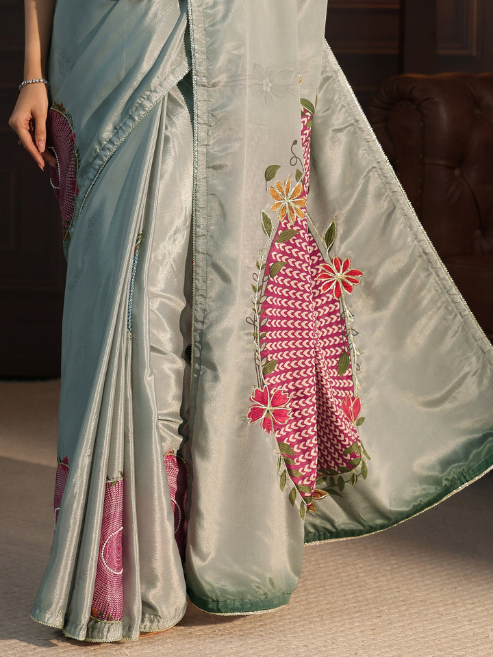 Libas Dusty Green Floral Printed Silk Blend Saree