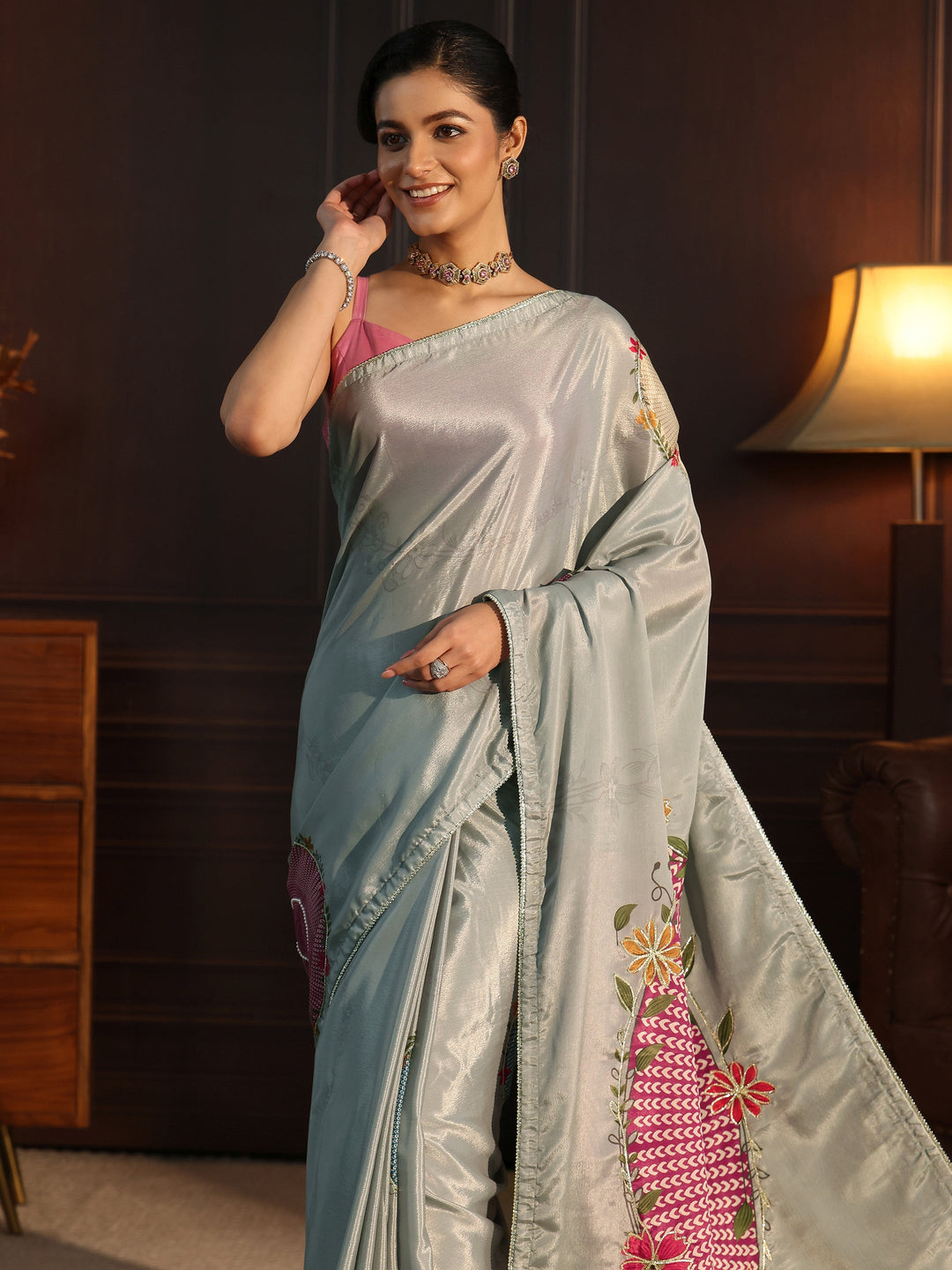 Libas Dusty Green Floral Printed Silk Blend Saree