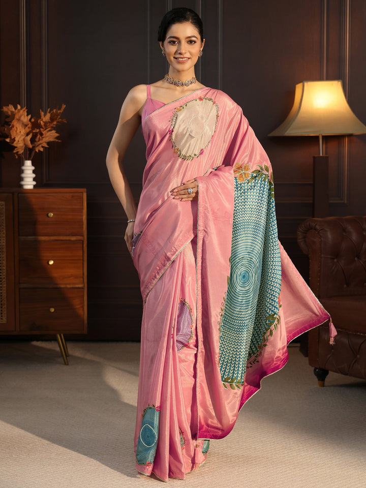 Libas Blush Pink Floral Printed Silk Blend Saree