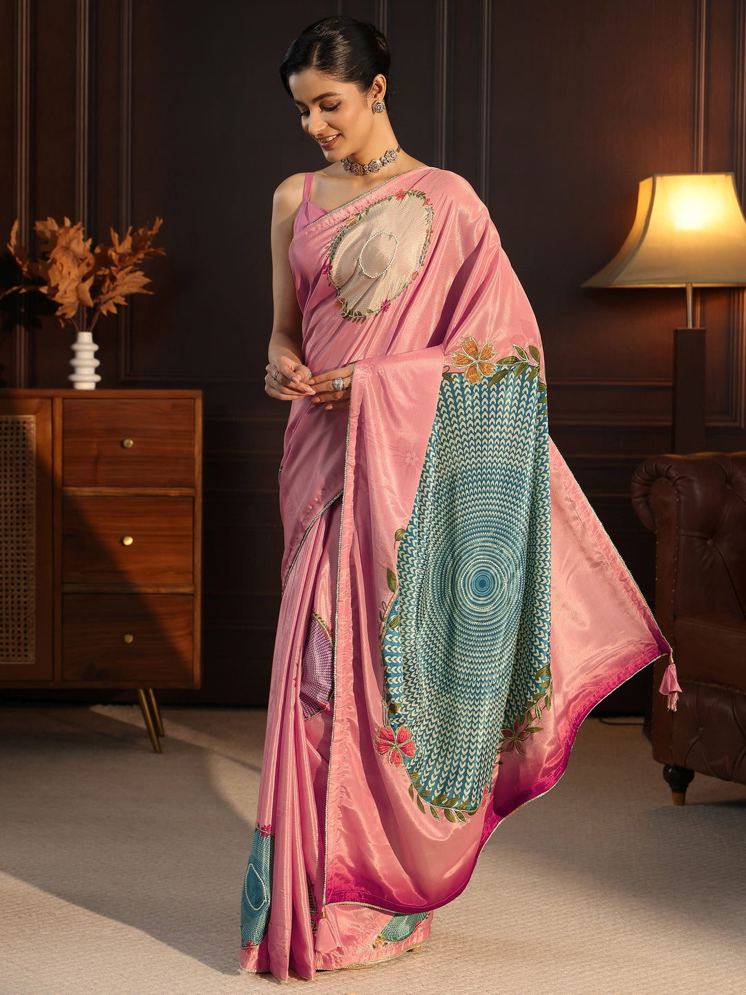 Libas Blush Pink Floral Printed Silk Blend Saree