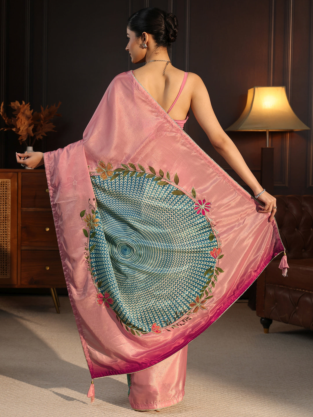 Libas Blush Pink Floral Printed Silk Blend Saree