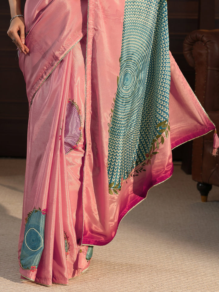 Libas Blush Pink Floral Printed Silk Blend Saree