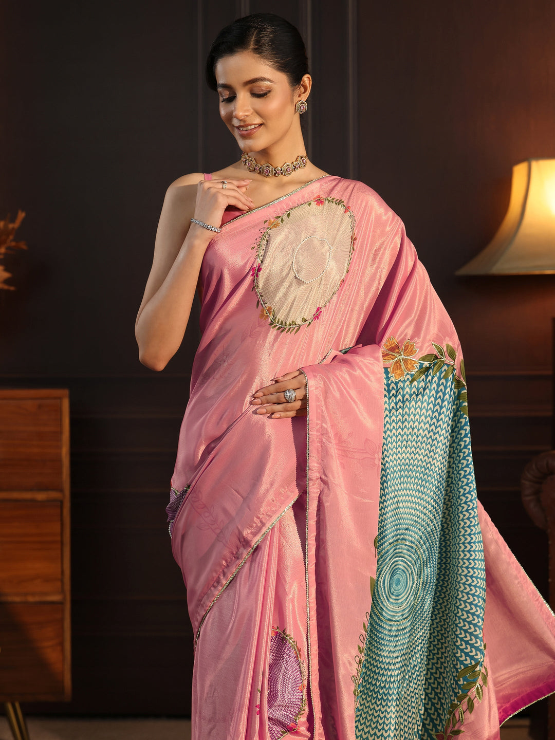 Libas Blush Pink Floral Printed Silk Blend Saree
