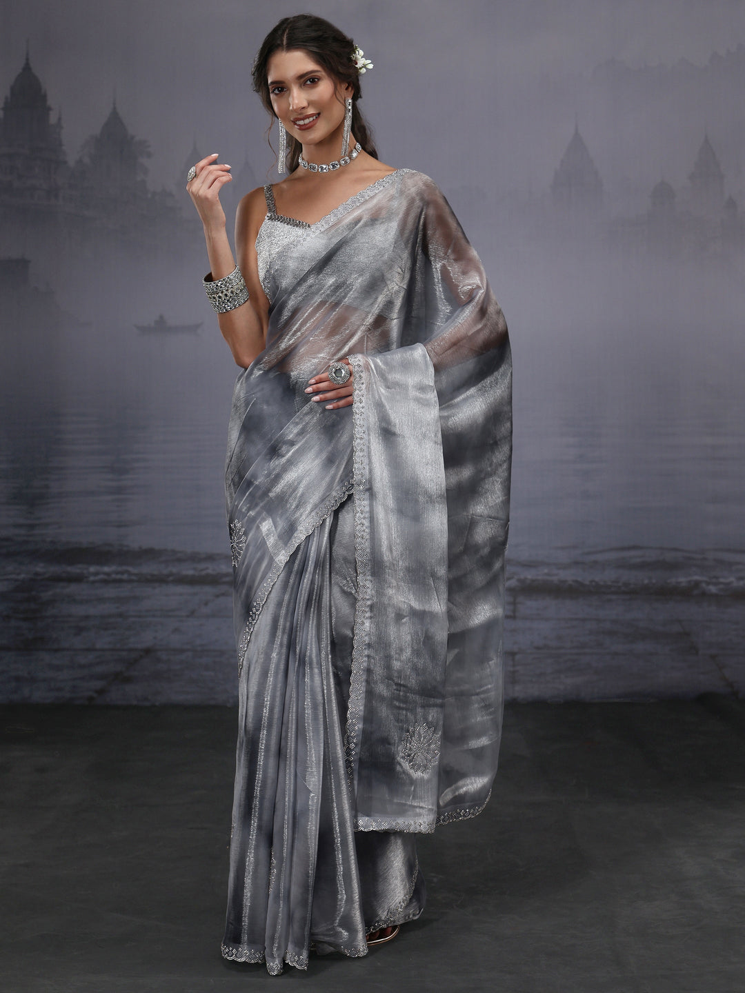 Libas Grey Stone Work Embellished Tissue Saree