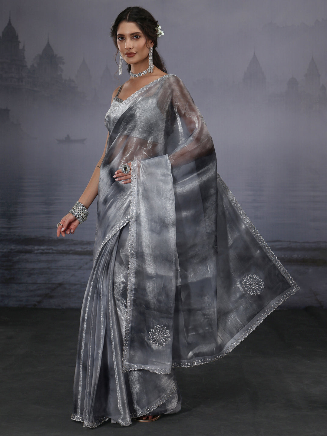 Libas Grey Stone Work Embellished Tissue Saree