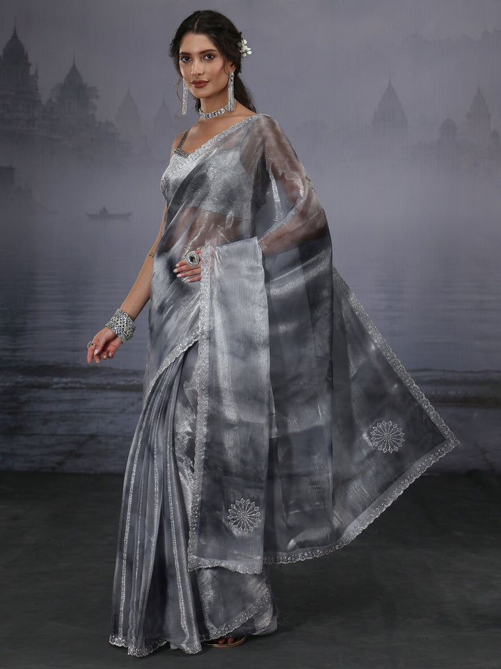 Libas Grey Stone Work Embellished Tissue Saree