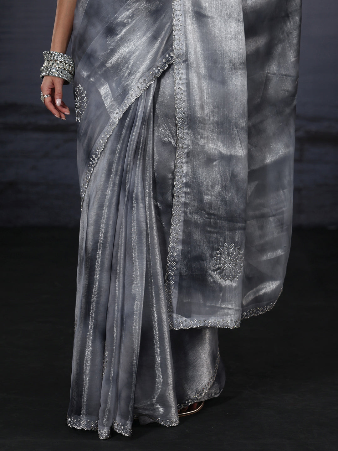 Libas Grey Stone Work Embellished Tissue Saree
