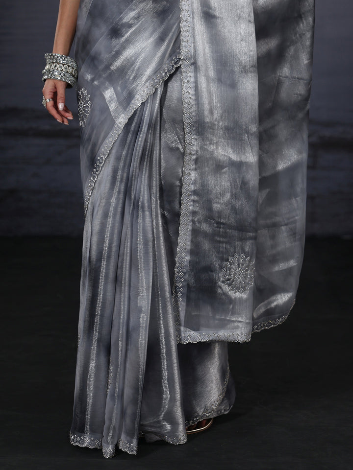 Libas Grey Stone Work Embellished Tissue Saree