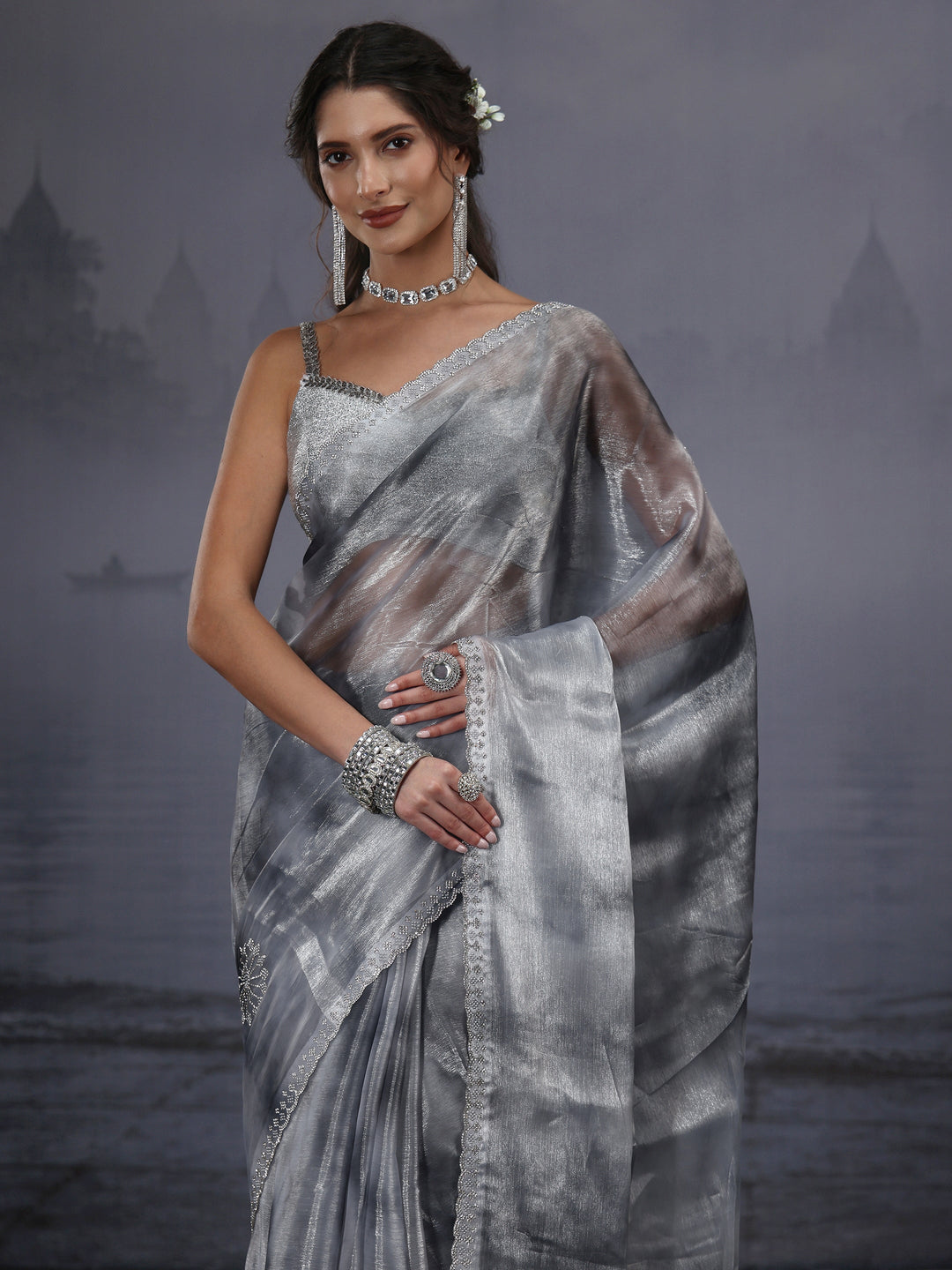 Libas Grey Stone Work Embellished Tissue Saree