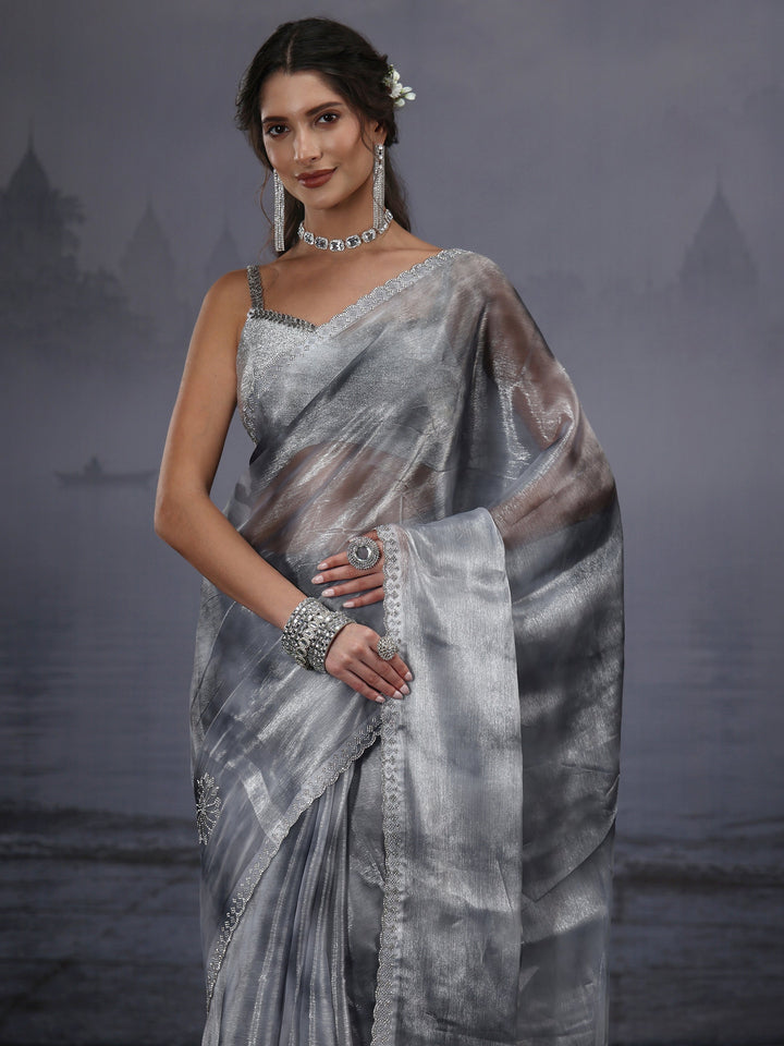Libas Grey Stone Work Embellished Tissue Saree