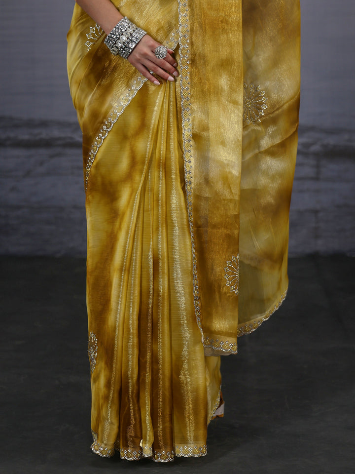 Libas Mustard Stone Work Embellished Tissue Saree