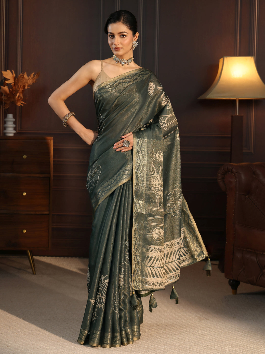 Libas Moss Green Floral Printed Embellished Silk Blend Saree