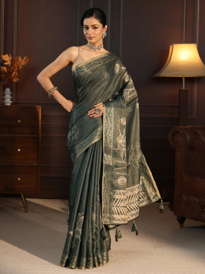 Libas Moss Green Floral Printed Embellished Silk Blend Saree