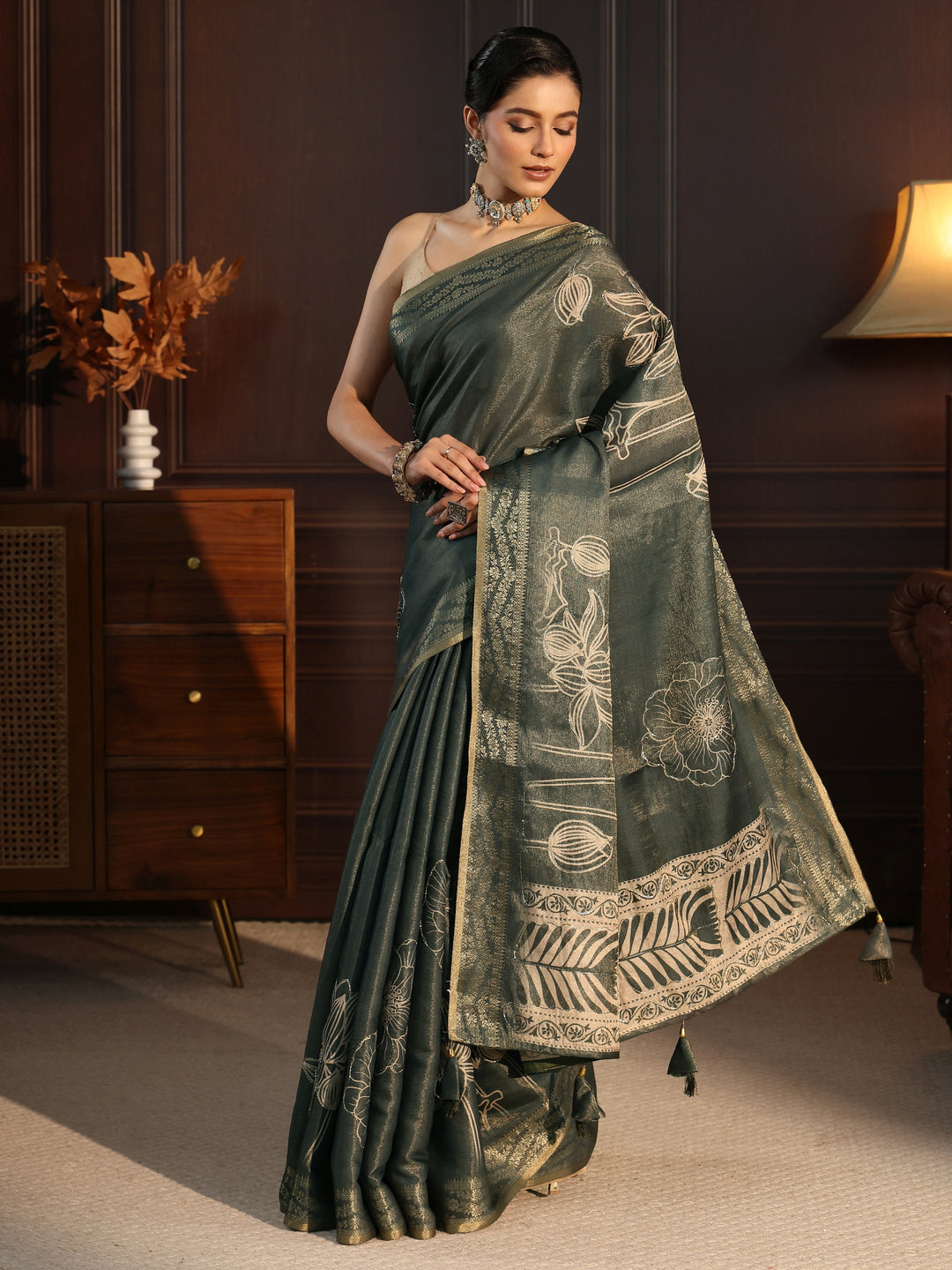 Libas Moss Green Floral Printed Embellished Silk Blend Saree
