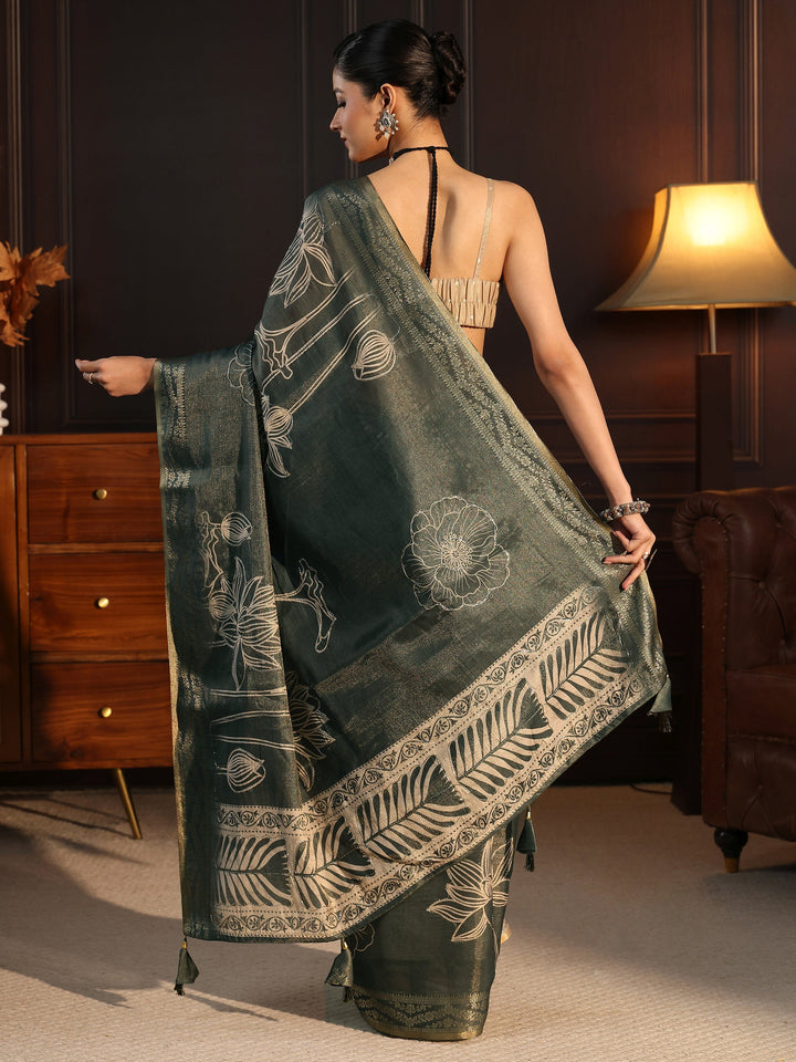 Libas Moss Green Floral Printed Embellished Silk Blend Saree