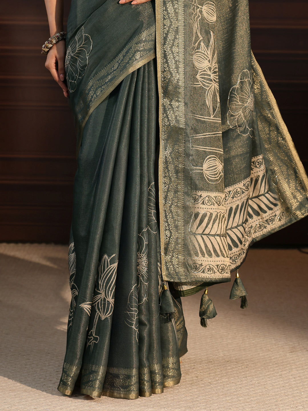 Libas Moss Green Floral Printed Embellished Silk Blend Saree