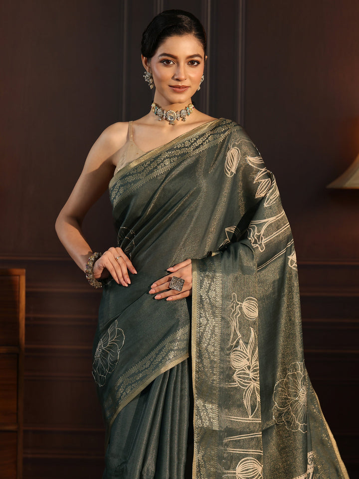Libas Moss Green Floral Printed Embellished Silk Blend Saree
