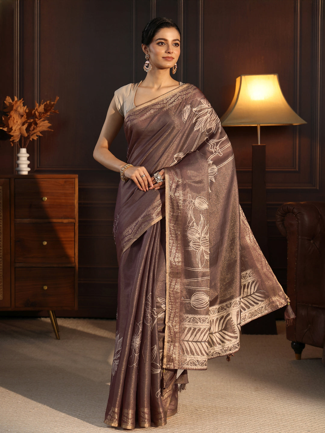 Libas Brown Floral Printed Embellished Silk Blend Saree