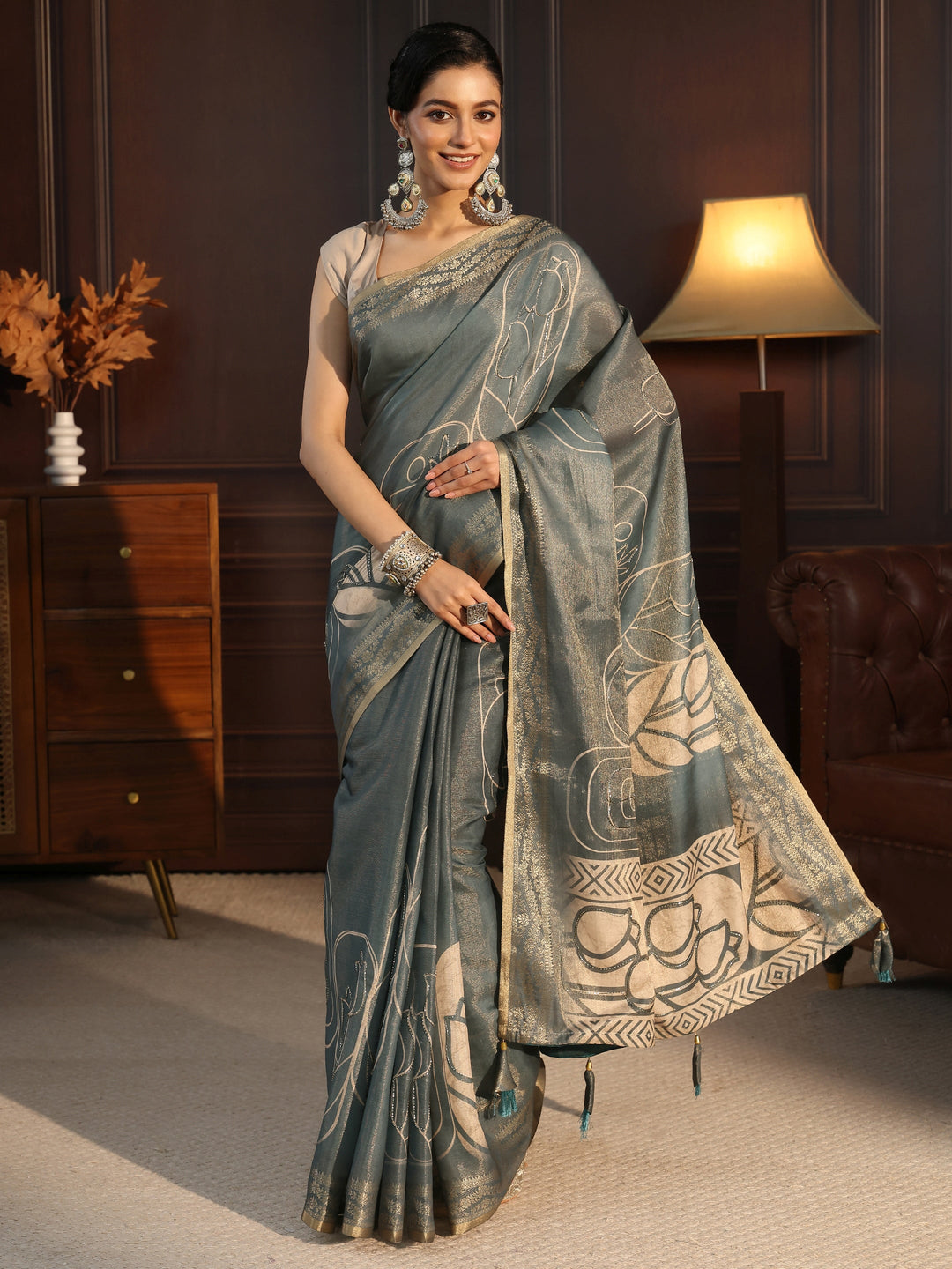 Libas Grey Floral Printed Embellished Silk Blend Saree