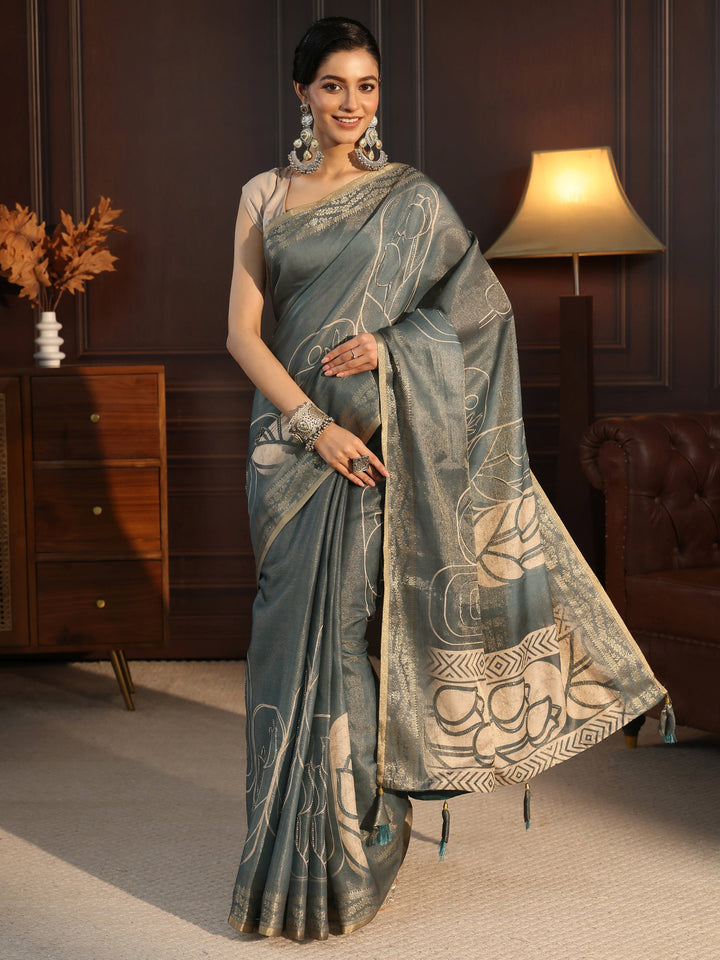 Libas Grey Floral Printed Embellished Silk Blend Saree