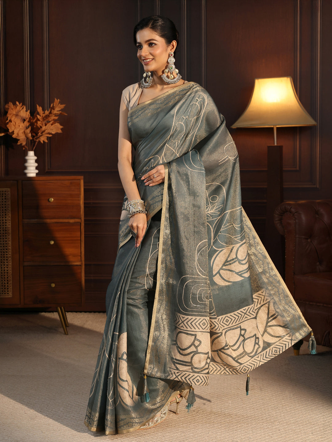Libas Grey Floral Printed Embellished Silk Blend Saree