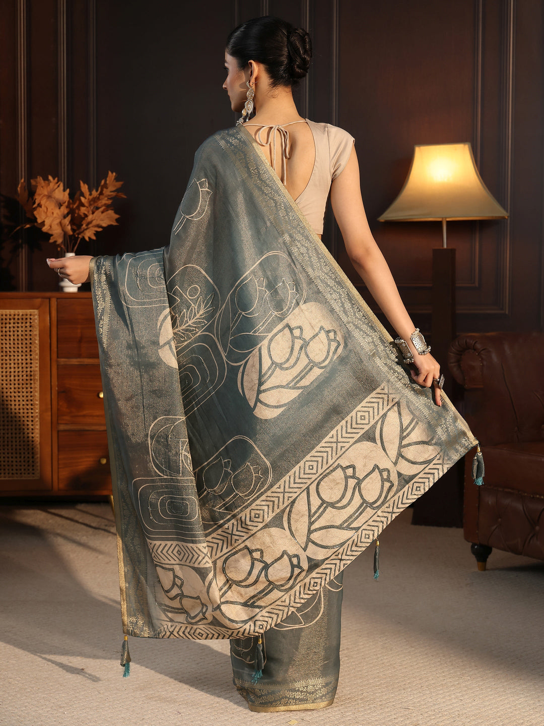 Libas Grey Floral Printed Embellished Silk Blend Saree