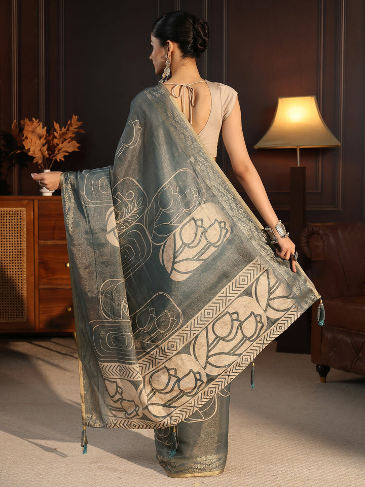 Libas Grey Floral Printed Embellished Silk Blend Saree