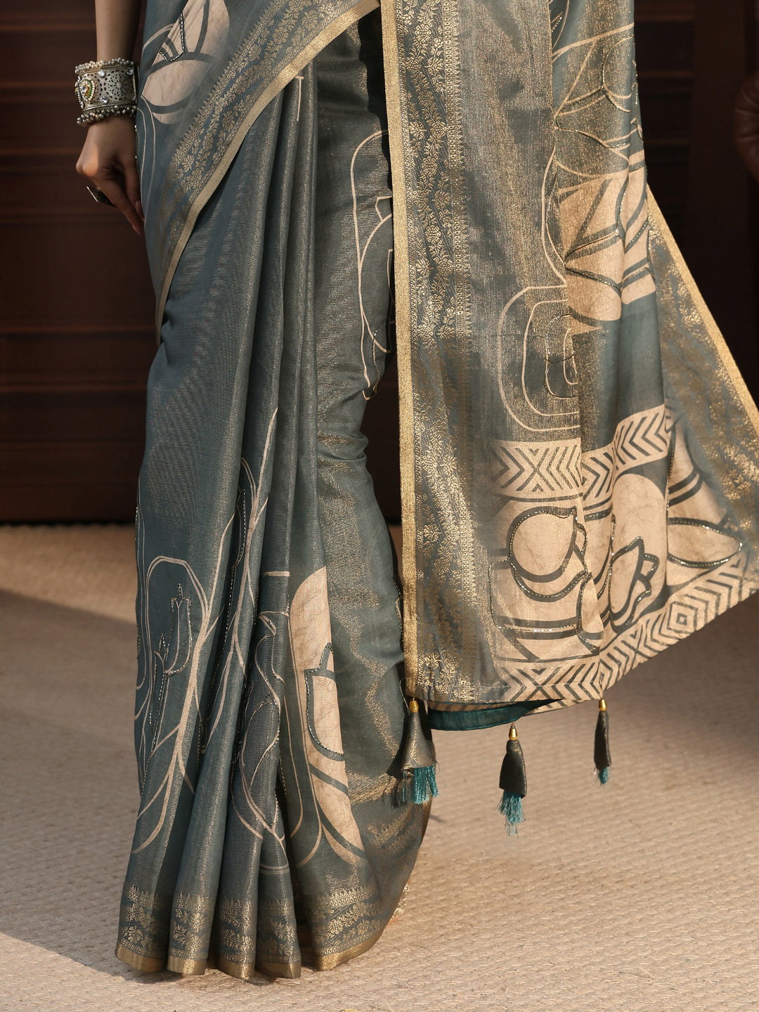 Libas Grey Floral Printed Embellished Silk Blend Saree