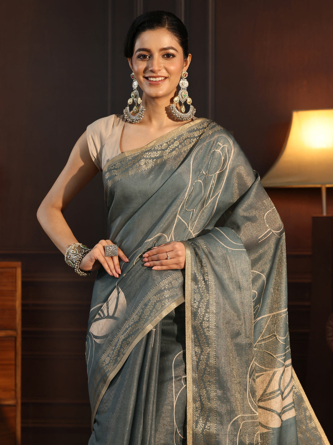 Libas Grey Floral Printed Embellished Silk Blend Saree